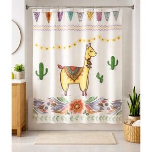 Brand New! Llama Boho White Fabric Shower Curtain. 71x74in. Extra Long.